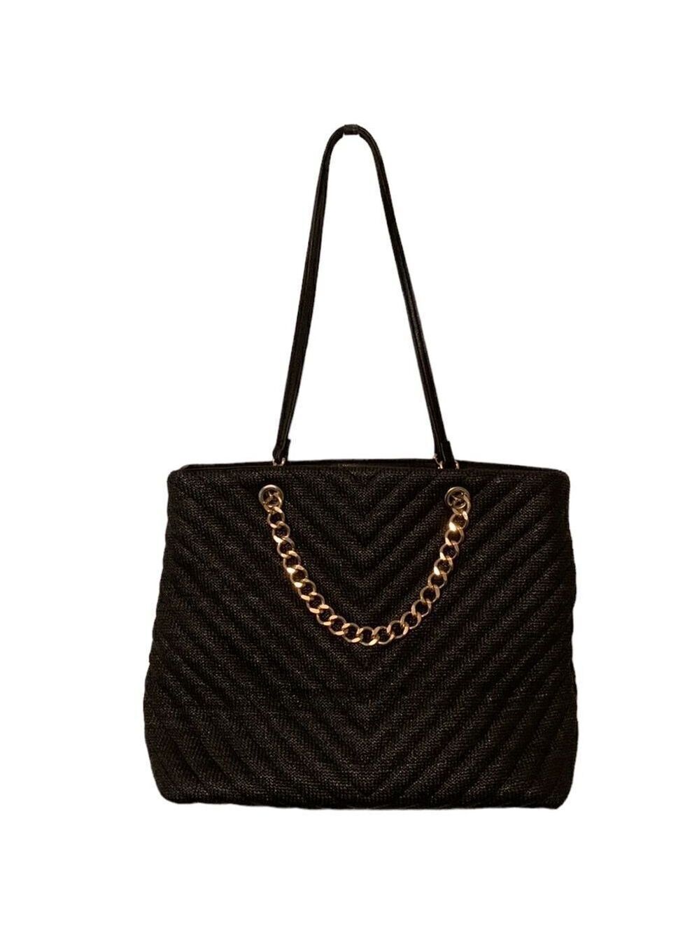 Pinkstix Soft Black Straw Look Woven Shoulder Bag with Gold Chain Vegan Leather